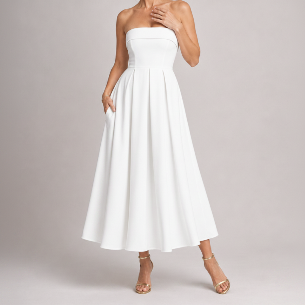 Claudia | Vestido Midi sin tirantes con corpiño estructurado