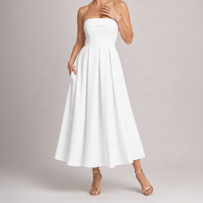 Claudia | Vestido Midi sin tirantes con corpiño estructurado